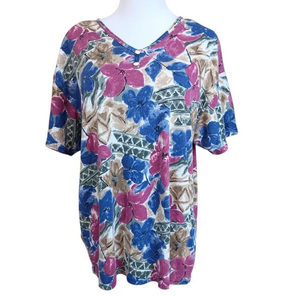 VINTAGE Tunic Top Blouse READ XL Likely Linen Blend Floral Hibiscus Short Sleeve - Picture 1 of 8